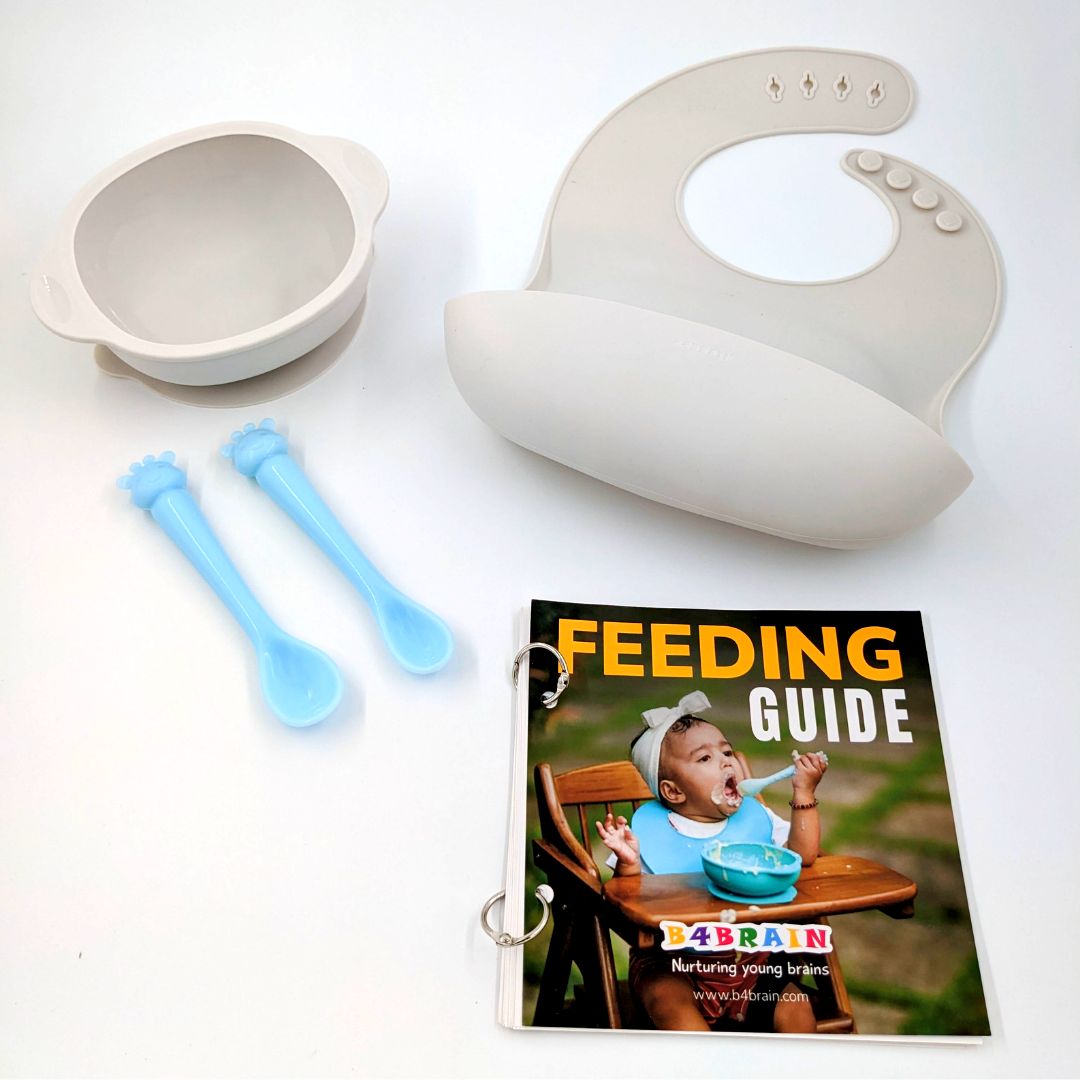 6 Month + Feeding Set Silicone Bowl And Giraffe Silicon Spoon With A Silicon Bib | Silicone Feeding Set - b4brainuae