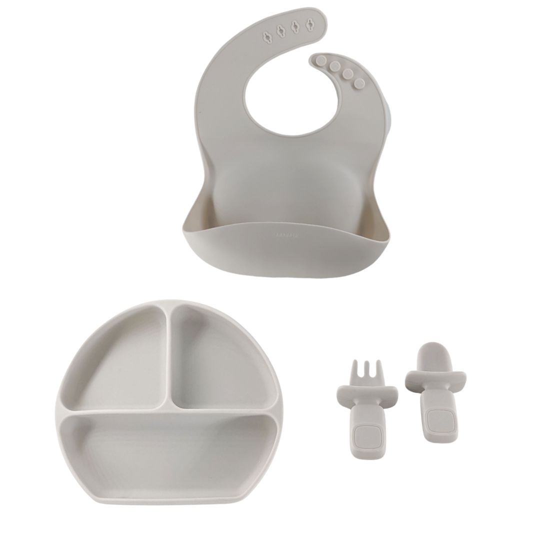 10 Months + Feeding Set of Silicone Plate With Fork, Spoon And Silicon Bib | Silicone Feeding Essentials - b4brainuae