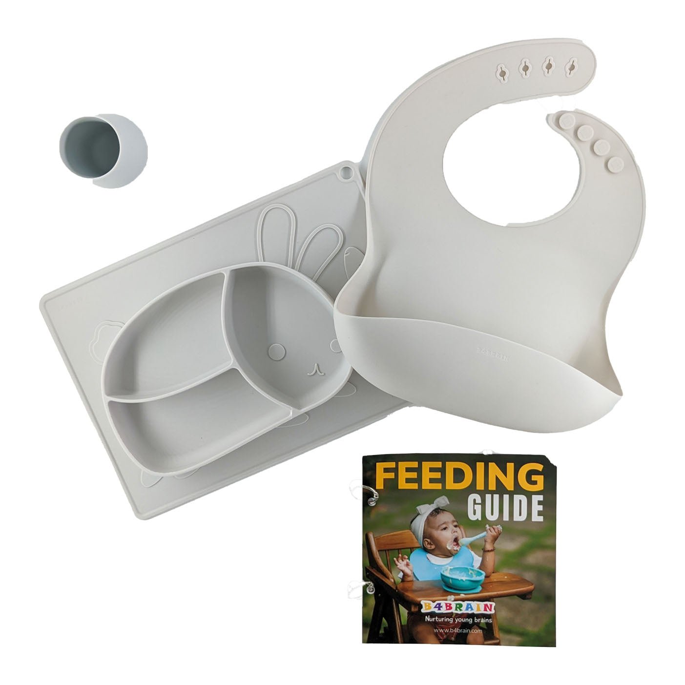 8 Month + Feeding Set Rabbit Finger Eating Plate | Silicon Bib And Cup | Silicone Finger Eating Plate - b4brainuae