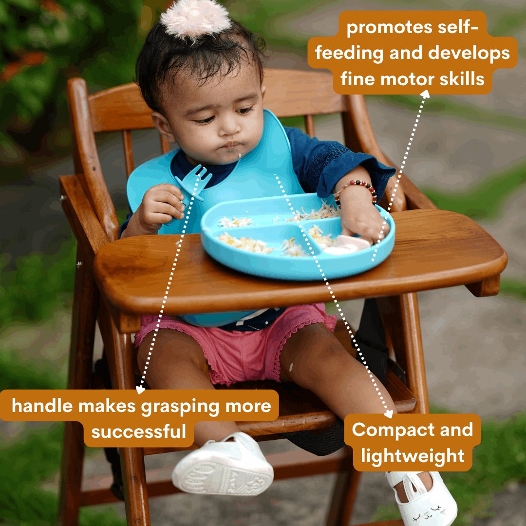 10 Months + Feeding Set of Silicone Plate With Fork, Spoon And Silicon Bib | Silicone Feeding Essentials - b4brainuae