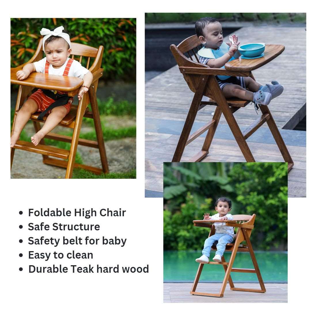 Wooden High Chair for Baby Toddler, Foldable, Luxurious Teak Wood Feeding chair - b4brainuae