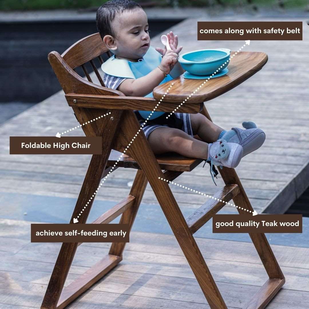 Wooden High Chair for Baby Toddler, Foldable, Luxurious Teak Wood Feeding chair - b4brainuae