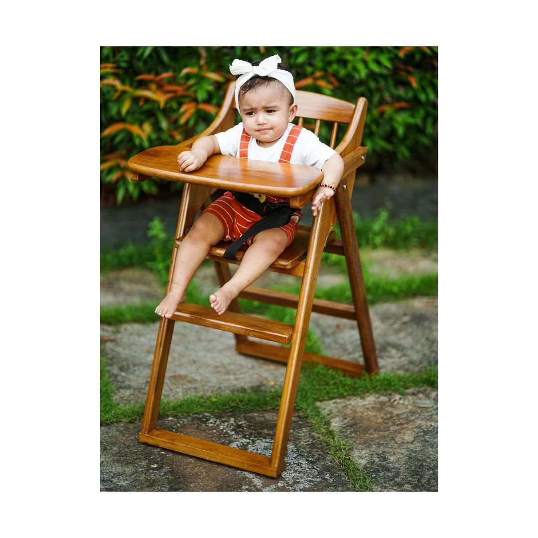 Wooden High Chair for Baby Toddler, Foldable, Luxurious Teak Wood Feeding chair - b4brainuae